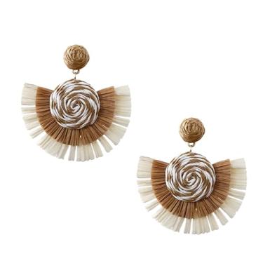 Imagem de Just Follow Brincos de ráfia em forma de leque feitos à mão com franja de vime leve de vime com pingente de palha joia boêmia, Large, RAFFIA, Sem pedra preciosa