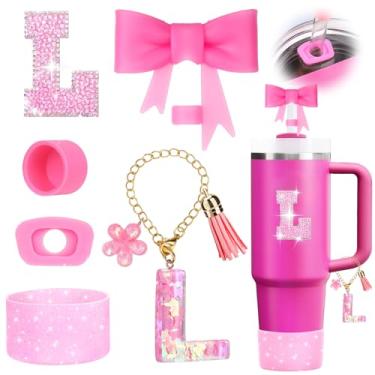 Imagem de Mity rain 6 peças de acessórios de copo rosa para Stanley Cup 850.5 g 1,134.0 g - Decoração de iniciais de copo para Stanley, incluindo tampa de palha de silicone e bota, tampa à prova de derramamento