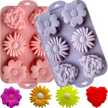 Imagem de XBYzuzi Pacote com 2 moldes de silicone para bolo de flores, 6 formas de bolo de margaridas 3D cavidades, molde de chocolate rosa, moldes de gelatina para fazer mousse, mini bolo, cheesecake, sabonete