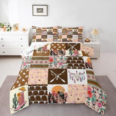Imagem de Feelyou Conjunto de edredom asteca ocidental marrom para meninas, meninos, crianças, solteiro, com caveira de touro, decoração de quarto, botas de vaqueira selvagem, boho, rústico, floral, respirável