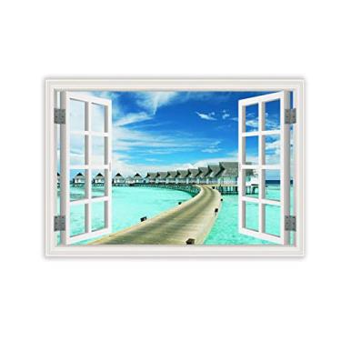 Imagem de Impressão em tela para parede janela tropical ilha marítima cais 3D falsa janela vista paisagem pintura natureza imagem impressão em tela arte de parede para sala de estar 80 x 120 cm 31 x 47 pol sem