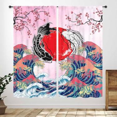 Imagem de Cortinas de peixe koi japonês, estilo asiático, rosa, flor de cerejeira, onda grande, Yin Yang, preto, branco, koi, retro, tratamentos para quarto, sala de estar, cozinha, 53 cm L x 114 cm C, conjunto