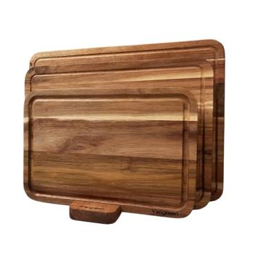 Imagem de Vietgreen Conjunto de 3 tábuas de corte de madeira de acácia com suporte – Tábuas de cortar para cozinhar refeições e servir – sulco profundo de suco, bandeja de charcutaria, utensílios de cozinha