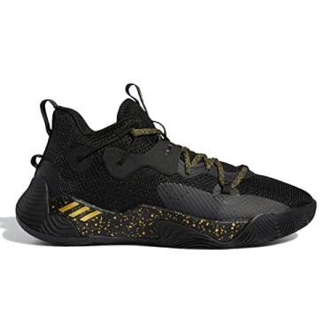Imagem de adidas Tênis de basquete unissex infantil Harden Stepback 3, Core Black/Gold Metallic/Core Black, 39