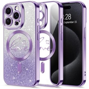 Imagem de Hython Capa com glitter para iPhone 15 Pro Max, compatível com MagSafe Love Heart Magnetic Clear Phone Cases para mulheres e meninas, proteção total da câmera, revestimento brilhante à prova de choque