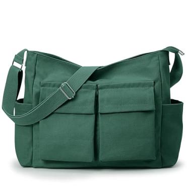 Imagem de KALIDI Bolsa carteiro de lona, bolsa tiracolo grande para mulheres ou homens, bolsa de ombro casual de lona para trabalho universitário diário, Verde escuro