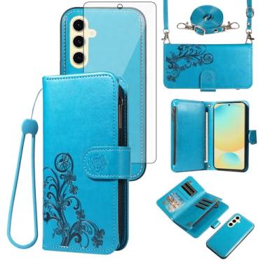 Imagem de Asuwish Capa de celular para Samsung Galaxy S24 FE 5G Carteira com zíper magnética destacável com protetor de tela de vidro temperado alça transversal porta-cartões de flores S 24 EF AI S24FE 24S