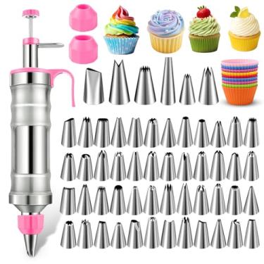 Imagem de NOVANO Conjunto de seringas para decoração de sobremesa, kit de tubulação de cobertura de aço inoxidável, kit de decoração de bolo com 54 pontas de confeitar e 9 cupcakes de silicone, kit de decoração