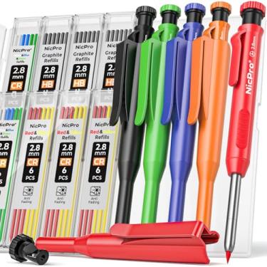 Imagem de Nicpro Pacote com 5 lápis de carpinteiro com apontador e suportes, conjunto de lápis de carpinteiro mecânico com 53 recargas, lápis marceneiros profundos para marcenaria, estrutura resistente para