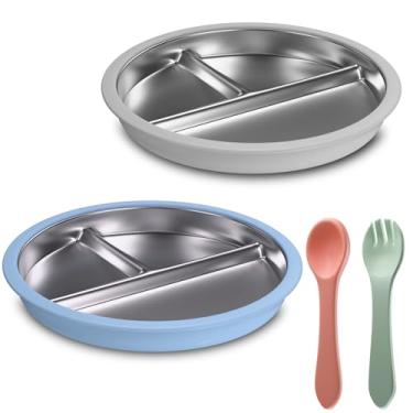 Imagem de Maccvk Prato infantil de aço inoxidável com sucção, pratos divididos de 23 cm com mangas de silicone removíveis para crianças, não tóxico e livre de BPA | Antiderrapante | Conjunto de 2 pratos de