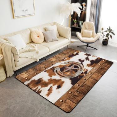Imagem de Erosebridal Tapete rústico para área de celeiro de fazenda 12 x 17 cm, tapete de couro de vaca com estrela do Texas Ocidental para crianças adultos estampa de pele de vaca Highland Tapete de piso interno tapete com detalhes de pele de bovino country conjunto antiderrapante