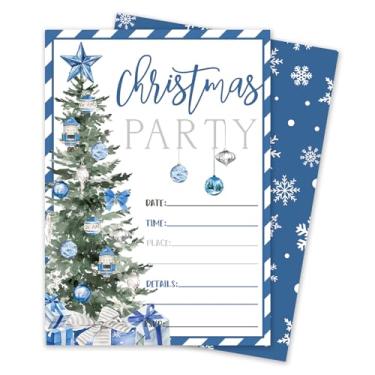 Imagem de Whaline Pacote com 25 Convites de Natal com Envelopes Adesivos Blue Xmas Tree Stripe Convites em Branco Convites para Artigos de Festa de Natal, 12 x 18 cm