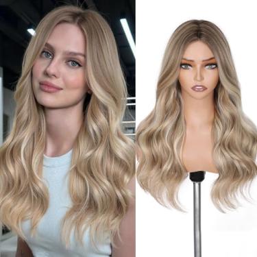 Imagem de Lady Miranda Peruca loira mista 55 cm natural ondulada loira parte do meio loira pequena peruca de cabelo sintético loiro perucas para mulheres brancas (1-destaque loiro acinzentado 22)