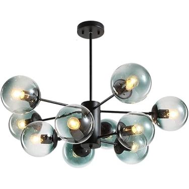 Imagem de E27 Moderno Sputnik Lustre Luminária Preto Fosco Semi Flush Mount Luz De Teto Abajur De Vidro Esférico Meados Do Século Durante A Luz, Cognac Lampshade, 10 head