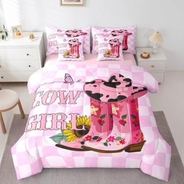 Imagem de Erosebridal Jogo de cama casal de 7 peças, rosa ocidental, para decoração de quarto de meninas, crianças, boêmio, flor de fazenda, girassol, lençol quadriculado em uma bolsa com lençol de cima