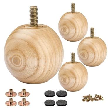 Imagem de Pernas de móveis de madeira de freixo de 2 polegadas/5 cm, 4 peças de verniz, pernas de sofá redondas pequenas esferas, minimalistas, modernas, de madeira, com parafuso M8 e placa de montagem para