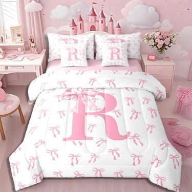 Imagem de Erosebridal Jogo de cama casal fofo com laço kawaii, letra R, rosa, princesa, para meninas, adolescentes, moderno, simples, com lençol de cima, 7 peças