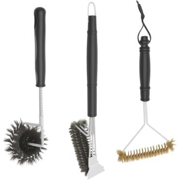 Imagem de DJAPWPX Conjunto de 3 escovas de churrasqueira de aço inoxidável e raspador com alça antiderrapante Conjunto de ferramentas de churrasco eficiente para cozinha e acampamento