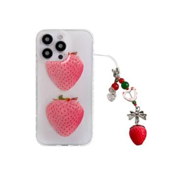 Imagem de Capa de telefone rosa morango para iPhone 16 Pro Max com pingente de telefone, verão kawaii fofa estética fruta transparente glitter TPU exclusivo feminino feminino [tecnologia anti-descascar
