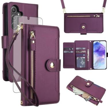 Imagem de Asuwish Capa de celular para Samsung Galaxy A55 5G carteira com zíper, protetor de tela de vidro temperado e alça de pulso transversal, porta-cartão de crédito flip A 55 55A A555G mulheres meninas