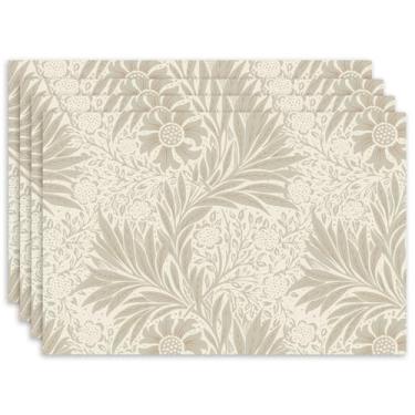 Imagem de Conjunto de 4 jogos americanos com design de folhas florais, tapetes de mesa retangulares de 30 x 45 cm, jogo americano moderno de tecido de linho para cozinha interna e externa, sala de jantar