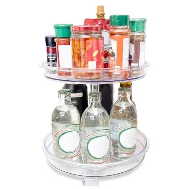 Imagem de Organizador Lazy Susan de 2 níveis, toca-discos Lazy Susan de 24 cm para armário, organizador giratório de especiarias para cozinha, geladeira, banheiro, transparente