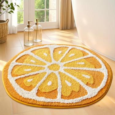 Imagem de Tapete redondo de frutas 60 cm, tapete de banho redondo com fatia laranja vibrante com tapete felpudo de microfibra ultra absorvente, lavável na máquina para banheiro, cozinha, quarto, 61 x 61 cm