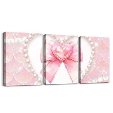 Imagem de jejeloiu Arte de parede em tela de 3 peças com laço rosa para sala de estar quarto pérola branca arte de parede para decoração de casa para crianças mulheres glitter sereia escritório decoração de