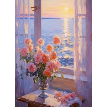 Imagem de ZRIZQ Pintura por números para adultos iniciantes, kits de pintura por números em tela, pintura por números para decoração de parede de casa 40 x 50 cm - flores de janela 1 (sem moldura)