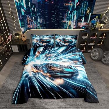Imagem de Jogo de cama casal de carro de corrida azul, Furious Extreme Sport para crianças, meninos, adolescentes, conjunto de cama de carro de corrida esportivo, moderno, com 2 fronhas, preto e azul