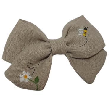 Imagem de Laço bege escuro de Linho Natural com Bordado à Mão, 9,5 cm, Acessório para Cabelo, para Meninas a Partir de 2 Anos