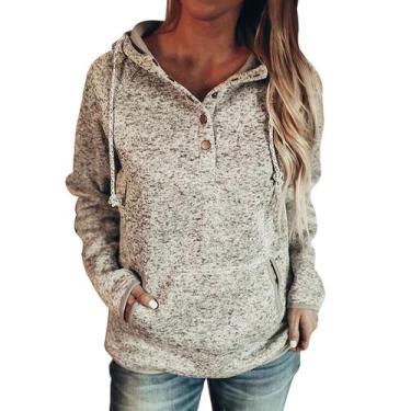 Imagem de Moda feminina botões colarinho moletom com capuz pulôver bolsos com co