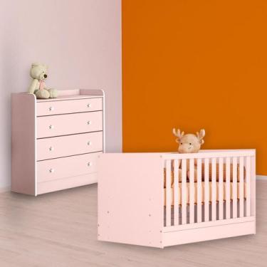 Imagem de Quarto Infantil Berço Mini Cama e Cômoda Trocador Rosa - Qmovi