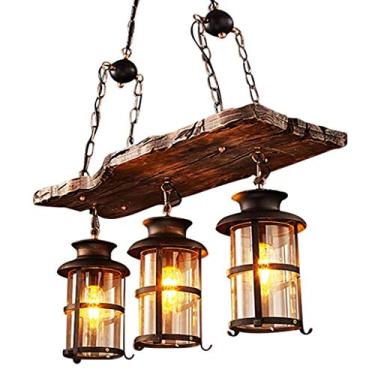 Imagem de Lustre de madeira industrial vintage com cúpula de vidro para quarto restaurante bar luminária de teto retrô com moldura de gaiola 4 cabeças lâmpada E27 compatível