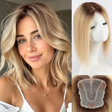 Imagem de starluck Topper de cabelo com base de renda suíça de 11,4 cm x 12,7 cm para mulheres com raízes finas ou cinzas (loiro ombré com luz)