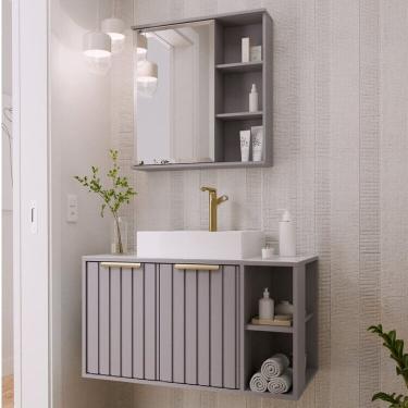 Imagem de Gabinete Suspenso Banheiro Noruega 80cm com Cuba e Espelheira Treviso Platina