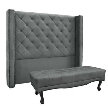 Imagem de Cabeceira Cama Box Queen 160cm e Recamier Vicenza Veludo Cinza S04 - D'Rossi