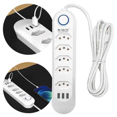 Imagem de Extensão Filtro de Linha 5 Tomadas 3 USB Cabo 2 Metros BMAX