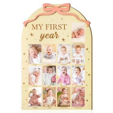 Imagem de Moldura para fotos de primeiro ano de bebê R HORSE Pink Bow Wood 42x28