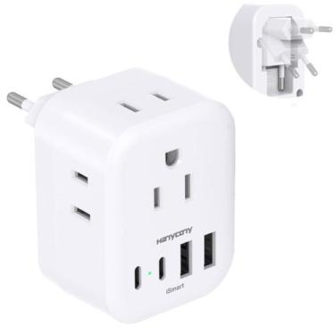 Imagem de Adaptador de viagem HANYCONY tipo C com 4 tomadas e 4 portas USB