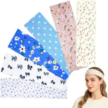 Imagem de 6 faixas de cabelo femininas com estampa floral fofa, elásticas, antiderrapantes, absorventes de suor e leves para ioga, treino, corrida e combinação diária