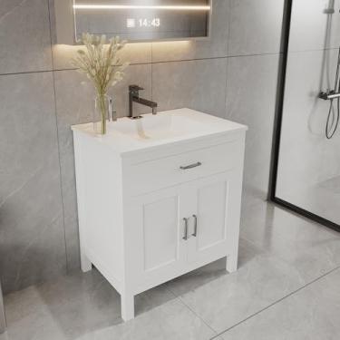 Imagem de Armário de base de pia branco de 61 cm para pia de banheiro independente sem tampo, madeira maciça de grau premium (61 cm L x 53 cm P x 34,5 (A)