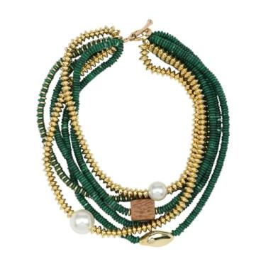 Imagem de Colar feminino Boho com vários fios, contas douradas, pérolas, madeira, tribal, étnico, negrito, chique, joia, 20.27 inch, Madeira Resina Pérola, Sem Pedra Preciosa