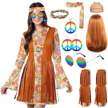Imagem de Touchbetter Fantasia feminina hippie dos anos 70, 9 peças, colar com símbolo da paz, brincos, peruca, franja, botas, óculos de sol, faixa de cabeça hippie – roupas femininas dos anos 1960 e 70 para
