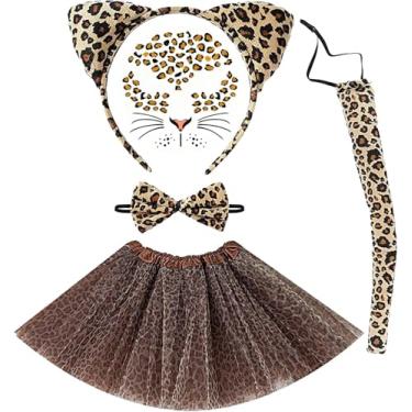 Imagem de Conjunto de fantasia de leopardo de Halloween com 5 peças, orelhas de guepardo, faixa de cabeça, cauda, gravata borboleta, estampa de leopardo, saia de tule para cosplay