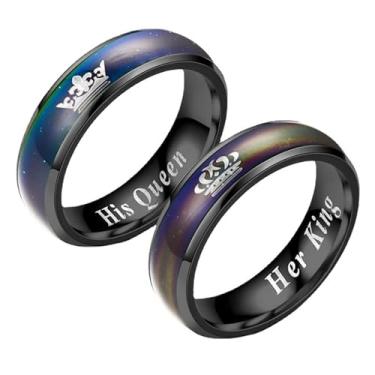 Imagem de Anel de humor de aço inoxidável preto com mudança de cor emocional, anel de humor Her King His Queen, aliança de casamento de noivado promessa de aniversário para casal, Aço inoxidável, Sem pedra