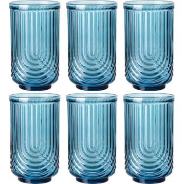 Imagem de JOVGANK Conjunto de vidro vintage azul de 170 a 500 ml, copo de água azul, vidro alto Art Deco Ripple, copos de coquetel de uísque, para bebidas de bar, suco de café gelado, presentes de inauguração