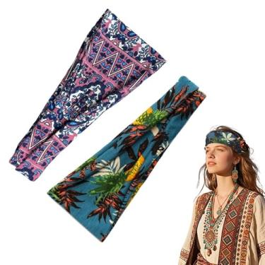Imagem de Bandana havaiana larga boho para mulheres, de algodão macio, antiderrapante, acessórios de cabelo havaiano, para cabelo curto, para maquiagem, lavagem facial, 2 peças