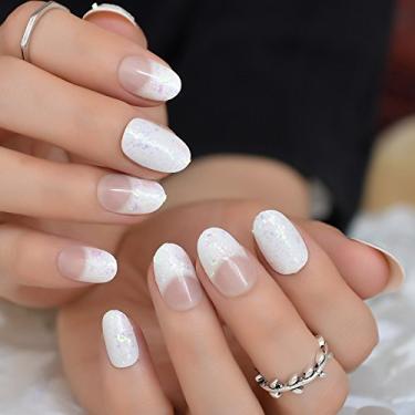 Imagem de Pregos falsos brancos com glitter colorido em unhas falsas francesas, cabeça redonda, unhas postiças para meninas, noivas, escritório, uso diário, dicas de arte de unhas