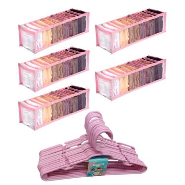 Imagem de Kit 5 Organizadores De Gavetas + 25 Cabides Infantil Rosa